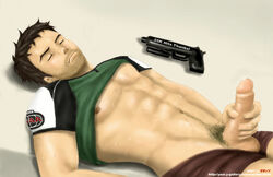 1boy beard chris_redfield dacchan facial_hair firearm gun handgun human male male_only masturbation nipples nude penis resident_evil solo sweat weapon