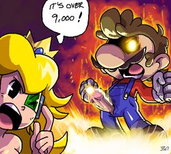 1boy 1girls aura blonde_hair brown_hair crown facial_hair female gloves glowing glowing_eyes green-tinted_eyewear human junkpile long_hair male mario mario_(series) meme mustache nintendo over_9000 penis penis_out princess_peach scouter straight_hair suspenders tinted_eyewear wink