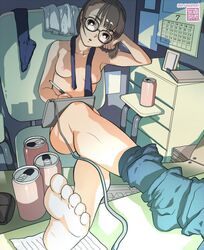 1girls beverage_can book breasts calendar_(object) can cans desk feet female footwear glasses highres keyboard pen photo_(object) picture skirt socks soda tablet yasumori_zen