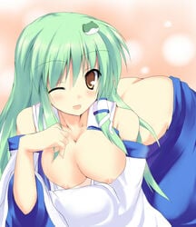 breasts butt_crack detached_sleeves frog green_hair japanese_clothes large_breasts long_hair midori-shiki miko nipples sanae_kochiya touhou undressing yellow_eyes