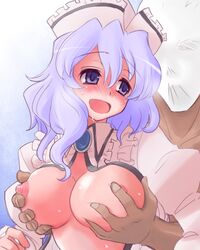 blush breast_grab breasts faceless faceless_male fujii fujii_jun groping happy_sex hat large_breasts lavender_hair looking_back lowres merlin_prismriver open_mouth saliva smile sweat touhou