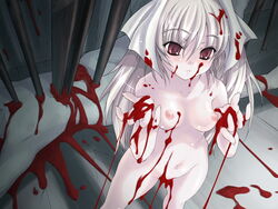 affront_to_nature beige_skin bleeding blood blood_stain breasts color death exposed_breasts female gore grey_hair guro hair_ribbon impalement injury male male_death male_ryona nudity on_back red_eyes skin taishou_teito_denkitan unknown_source wazakita wound yazawa_rin