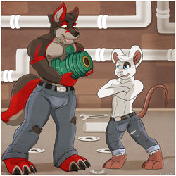 4_toes aaron_(artist) abs anthro blue_eyes brown_hair bulge canine hair male male_only mammal mouse nipples pipes rodent smile topless white_hair wolf yellow_eyes