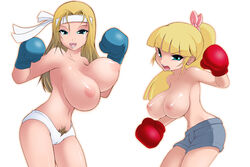 2girls big_breasts blonde_hair blue_boxing_gloves blue_eyes blue_gloves bounce bouncing_breasts boxing boxing_gloves boxing_stance breasts bush cameltoe curvy duo eyebrows_visible_through_hair female female_only femdom gloves headband huge_breasts inverted_nipples large_breasts looking_at_viewer mostly_nude multiple_girls navel nipples noise_(artist) open_mouth original original_character original_characters pale_skin panties ponytail pubic_hair puffy_nipples red_boxing_gloves red_gloves short_shorts shorts thick thick_thighs thighs tied_hair topless unaligned_breasts wide_hips