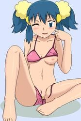 1girls barefoot bikini blue_hair breasts cleft_of_venus dawn_(pokemon) fat_mons feet female human human_only innie_pussy kuro_hopper kusakabe330 nipple_slip nipples oekaki plump_labia pokemon pokemon_dppt puffy_pussy pussy side-tie_bikini solo spread_legs string_bikini swimsuit uncensored undressing wink