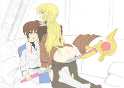 ass fate_testarossa female flat_colors lyrical_nanoha mahou_shoujo_lyrical_nanoha mahou_shoujo_lyrical_nanoha_strikers multiple_girls pantyhose raising_heart seita takamachi_nanoha torn_clothes torn_pantyhose white_legwear white_pantyhose yuri