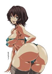 :p ass back bent_over bikini black_hair blue_eyes breasts dat_ass erect_nipples glasses gundam gundam_00 huge_ass large_breasts looking_back madhatter_hello micro_bikini naughty_face panties shirin_bakhtiar short_hair swimsuit thighhighs thong thong_bikini tongue underboob underwear