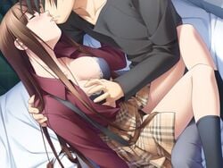 blush bra breast_grab breasts brown_hair closed_eyes game_cg hashimoto_takashi hiiragi_ayumi hug kissing lap_sitting lingerie long_hair open_clothes open_shirt plaid plaid_skirt sagami_tsukasa shirt sitting sitting_on_lap sitting_on_person skirt tartan underwear white_breath