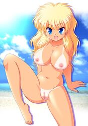 1girls barefoot beach blonde_hair blue_eyes breasts cute earrings female jewelry long_hair nude open_mouth pussy solo tan tanline tanuki_yousuke