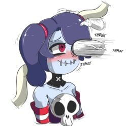 blue_hair blush deejay_(artist) disembodied_hand disembodied_penis duo eye_fucking eye_penetration female hair hand_on_head heart heart-shaped_pupils leviathan_(skullgirls) male penis red_eyes skull_fucking skullgirls smile solo_focus sound_effects squigly stitches straight symbol-shaped_pupils undead zombie