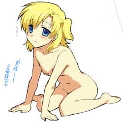 bandaid barefoot beige_skin blonde_hair blue_eyes blush breasts clannad color feet female female_only flat_chest frown hair human kneeling legs misaki_juri nude oekaki open_eyes rule_63 sad side_ponytail sketch solo straight_hair sunohara_youhei sunohara_youko tears text toes translation_request white_background