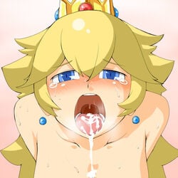 blonde_hair breasts crown cum cum_in_mouth cumdrip fellatio female human mario_(series) nintendo open_mouth oral pov princess_peach sex straight_hair torathi wide_open_mouth