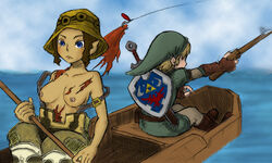 1boy 1girls accidental_exposure blonde_hair boat breasts brown_hair clothing colored eggycomics female fishing_rod hat hena hylian link link_(twilight_princess) lure male mole mole_under_eye nintendo pointy_ears shield straight_hair sword the_legend_of_zelda torn_clothes tunic twilight_princess water weapon