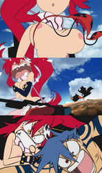 angry blue_hair blush breasts canonical_scene highres kamina nipples official_art ponytail red_hair screencap screenshot stolen_bikini stolen_swimsuit tengen_toppa_gurren-lagann tengen_toppa_gurren_lagann tied_hair yoko_littner