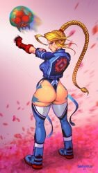 1girls ass blonde_hair boots cammy_white capcom cosplay crossover danderfull fusion long_ponytail metroid metroid_(creature) nintendo ponytail samus_aran standing street_fighter zero_suit zero_suit_samus