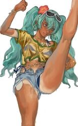 1girls bikini brazil brazilian brazilian_female brazilian_miku clothed dark-skinned_female dark_skin female female_only hatsune_miku long_hair mossa shorts solo solo_female tanline tanned vocaloid white_background