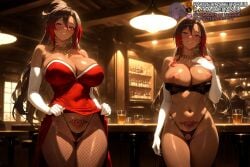 2girls ai_generated alcohol bar_(place) bare_shoulders black_bra black_hair black_panties blush bra bra_pull breasts brown_pantyhose cameltoe ceiling_light censored cleavage cleft_of_venus clothes_lift clothes_pull collarbone crotchless crotchless_panties cup dark-skinned_female dark_skin dress dress_lift dress_pull drinking_glass dual_persona earrings elbow_gloves fishnet_pantyhose fishnets gloves gradient_hair grin hair_between_eyes hand_on_own_chest highleg highleg_panties hoop_earrings huge_breasts indoors jewelry kono_subarashii_sekai_ni_shukufuku_wo! large_breasts lifted_by_self long_hair looking_at_viewer meitabuu multicolored_hair multiple_girls navel necklace nipples panties pantyhose parted_lips pubic_tattoo purple_eyes pussy red_dress red_hair sidelocks smile standing stomach stool strapless strapless_bra strapless_dress streaked_hair sylvia_(konosuba) tattoo thighs thong tiara two-tone_hair underwear white_gloves
