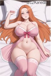 ai_generated andriella_(booty_calls) heart-shaped_pupils huge_breasts lying_on_bed solo_female watermark