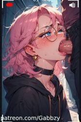 ai_generated angry black_hoodie blackmail blowjob blue_eyes braces choker crying denim_shorts femboy forced_oral futanari gabbzy gay glasses library oral_sex pink_hair reading recording