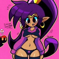 1boy 1girls 2024 areola_slip areolae bandana black_body black_eyes blush breasts clothed clothing dark-skinned_female dark_skin diego_mejia earrings headwear heart long_hair meme_attire meme_clothing navel paggi_outfit panties pink_background ponytail purple_hair shantae shantae_(character) tinkerbat underboob very_long_hair wayforward yellow_sclera