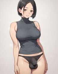 1futa ai_generated black_hair brown_eyes bulge futa_only futanari panties short_hair sleeveless_turtleneck supergetthi