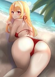 1girls 2024 2d 2d_(artwork) ass back_view beach bikini bikini_bottom bikini_top blonde_hair blush day estebaneishon1 female female_focus female_only idol_corp idol_es latam_virtual_youtuber light-skinned_female light_skin long_hair looking_at_viewer looking_back looking_back_at_viewer lying lying_down ocean outdoors palm_tree pointy_ears red_bikini red_bikini_bottom red_bikini_top red_bra red_eyes red_nails red_swimsuit red_thong ruby_runeheart sand sky slim_girl smiling smiling_at_viewer solo solo_female solo_focus summer swimsuit thong thong_bikini two_piece_swimsuit virtual_youtuber vtuber vtuberfanart water young younger_female