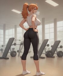 1girls ai_generated ass black_yoga_pants conniexx female female_only gym gym_uniform hands_on_hips large_breasts looking_at_viewer nami nami_(one_piece) one_piece sports_bra stable_diffusion steam thighs tight_clothing tight_fit white_socks white_sports_bra yoga_pants