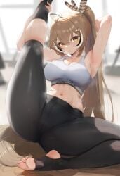 ai_generated ameanon armpits brown_hair exercise feet gym_uniform hololive hololive_english hololive_english_-council- hololive_english_-promise- leggings medium_breasts nanashi_mumei sports_bra sportswear stretching sweat thick_thighs virtual_youtuber vtuber workout workout_clothes