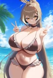 ai_generated beach big_breasts bikini breasts brown_hair choker cleavage double_peace_sign frilled_bikini hololive hololive_english hololive_english_-council- hololive_english_-promise- huge_breasts large_breasts nanashi_mumei peace_sign sideboob thick_thighs underboob virtual_youtuber vtuber