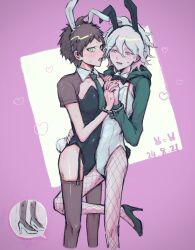 2boys ahoge animal_ears black_leotard brown_hair brown_thighhighs crossdressing danganronpa_(series) danganronpa_2:_goodbye_despair dated fake_animal_ears fake_tail foot_out_of_frame garter_straps grey_hair grey_leotard heart high_heels highres hinata_hajime holding_hands knee_in_crotch komaeda_nagito leotard male_focus male_playboy_bunny multiple_boys no_visible_genitalia onom_555 pink_background shoes short_hair skinny tail thighhighs white_background yaoi young