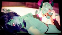 2boys 3d bedroom blue_hair blue_skin femboy halo horns incubus koikatsu long_tongue looking_at_viewer mira_imae monster_boy monster_femboy pink_eyes selfie smug thighhighs tonguejob turquoise_hair