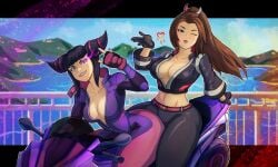 2girls ass big_breasts black_hair bodysuit breasts brown_hair crossover double_bun fatal_fury fatal_fury:_city_of_the_wolves female female_only jacket juri_han king_of_fighters large_breasts long_hair mai_shiranui ponytail purple_bodysuit purple_eyes stickiezblue street_fighter street_fighter_6 street_fighter_v