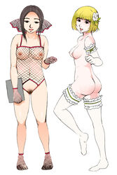 2girls areolae ass blonde_hair blue_eyes breasts brown_hair erect_nipples female flower footwear green_eyes hair_ornament happy highres kneehighs multiple_girls navel nipples open_mouth pubic_hair pussy short_hair simple_background smile socks standing suihosuruotoko2 uncensored