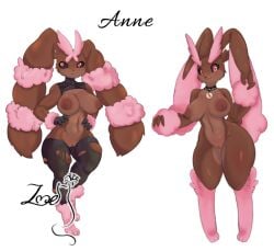 angry_expression anthro anthro_only big_breasts big_butt black_body black_collar black_socks breasts brown_fur bunny_ears bunny_tail hands_on_hips happy_expression lopunny mega_evolution mega_lopunny mega_stone nintendo nipples pink_eyes pink_fur pink_nipples pokemon pokemon_(species) pussy pussy_peek thick_thighs wide_hips zoebanette405