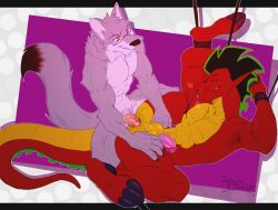 2boys abs abstract_background american_dragon:_jake_long anal anal_sex anthro athletic balls bondage bound breath canid canine canis cheek_tuft closed_eyes cuff_(restraint) disney dragon duo erection eyewear eyewear_only facial_tuft fluffy fluffy_tail forked_tongue from_front_position fur fuzzy gay genitals glasses glasses_only grey_body grey_fur hand_on_leg hand_on_thigh hands_behind_head high-angle_view humanoid_genitalia humanoid_penis interspecies jake_long looking_pleasured lying male male/male male_only mammal muscular mythological_creature mythological_scalie mythology neck_tuft nude on_back pattern_background penetration penis pubes raccoondouglas raised_leg red_background red_body restrained restrained_arms restrained_legs restraints scales scalie side_view signature simple_background smile spread_legs spreading tail tongue tongue_out tuft wearing_glasses wolf