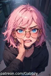 ai_generated angry black_hoodie blackmail blowjob blue_eyes braces choker crying denim_shorts femboy forced_oral futanari gabbzy gay glasses library oral_sex pink_hair reading
