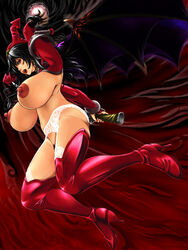 1girls 2012 bastard!! black_hair breasts curvaceous demon_girl elbow_gloves female garter_belt gloves high_heels humanoid large_breasts light-skinned_female light_skin long_hair looking_at_viewer nipples no_panties porno_dianno pubic_hair red_eyes shisshou_senkoku shoes shounen_jump solo sword thick_thighs thighhighs villainess weapon wide_hips wings