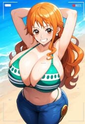 ai_generated arms_behind_head artist_request beach bikini clenched_teeth female female_only huge_ass huge_breasts jeans large_breasts lubbasdump massive_breasts nami nami_(one_piece) one_piece orange_hair recording smiling viewfinder wide_hips