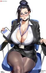 1girls breasts cleavage crossed_legs delta26 female female_only glasses large_breasts looking_at_viewer office_clothing office_lady original original_character pantyhose sitting skirt solo thick_thighs thighs white_background