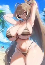 ai_generated ameanon arms_behind_head beach big_breasts bikini breasts brown_hair choker cleavage hololive hololive_english hololive_english_-council- hololive_english_-promise- huge_breasts large_breasts nanashi_mumei sideboob striped_bikini thick_thighs underboob virtual_youtuber vtuber