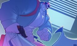 1boy 2024 abrams_(deadlock) big_penis blue_body blue_skin deadlock demon demon_boy glasses gun hi_res horns male male_only muscular muscular_male penis red_eyes steamyfiend weapon