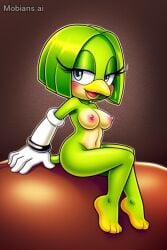 1girls ai_generated anthro avian beak bedroom_eyes bird breasts canary female furry gloves green_body medium_breasts mobian_(species) mobians.ai nude sitting smile solo sonic_(series) sonic_the_hedgehog_(series) tagme tekno_the_canary white_gloves