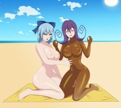 2girls anoneysnufftan applying_sunscreen beach beach_towel blair_(soul_eater) blue_eyes blue_hair breasts cirno edasbild embarrassed embarrassed_nude_female female female_only hairbow humiliation imminent_death imminent_orgasm killer_lotion looking_down lotion massage murder nipples nude ocean oil oiled peril punishment purple_hair pussy rubbing sand seaside shiny_skin sky snuff soul_eater summer sunbathing sunscreen touhou towel wince yellow_eyes