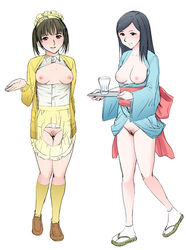 2girls areolae blue_eyes blue_hair blush breasts breasts_out clothes crotchless female footwear glass green_eyes green_hair highres japanese_clothes maid multiple_girls navel nipples pubic_hair pussy shoes simple_background socks standing suihosuruotoko2 uncensored