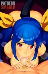 1boy 1girls artist_name blowjob blue_hair breasts couple cum cum_in_mouth cum_inside dizzy_(guilty_gear) fellatio female_focus guilty_gear hair_ribbon husband_and_wife ky_kiske large_breasts long_hair penis puppy_eyes red_eyes smgold tail twintails yellow_ribbon