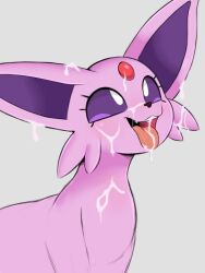 ambiguous_gender arteficialtrees bodily_fluids cheek_tuft colored cross-eyed cum cum_drip cum_on_face cum_on_tongue cute_fangs dripping eeveelution espeon eyelashes facial_tuft feral feral_only forehead_gem fur gem generation_2_pokemon genital_fluids grey_background nintendo open_mouth pink_body pink_fur pokemon pokemon_(species) quadruped simple_background solo tongue tongue_out tuft white_eyes