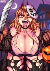 big_breasts blonde_hair blood_devil_(chainsaw_man) bluewolfartista chainsaw_man choker halloween huge_breasts machete massive_breasts monster_girl night nipple_bulge open_mouth power_(chainsaw_man) red_horns saliva suburb thick_thighs thigh_highs thighhighs thighs tongue_out wet_shirt yellow_eyes