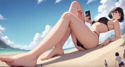 1futa ai_generated armpits barefoot beach big_breasts big_penis bikini black_hair bob_cut bulge bulge_through_clothing casual_erection casual_exposure casual_nudity dickgirl erect_penis erection erection_under_clothes feet futa_focus futa_giantess futanari giant_cock giantess group laying_down looking_at_viewer micro mostly_nude phone sea seaside short_hair size_difference smartphone solo_focus spalela