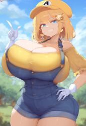 ai_generated ameanon big_breasts blonde_hair blue_eyes breasts cleavage earrings gloves hololive hololive_english hololive_myth huge_breasts large_breasts mario_(cosplay) mario_hat mommy overalls thick_thighs virtual_youtuber vtuber watson_amelia white_gloves