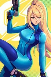 1girls blonde_hair blue_bodysuit blue_eyes bodysuit breasts caminukai female gun handgun holding holding_gun holding_weapon long_hair looking_at_viewer metroid mole mole_under_mouth nintendo parted_lips ponytail samus_aran skin_tight solo weapon zero_suit zero_suit_samus